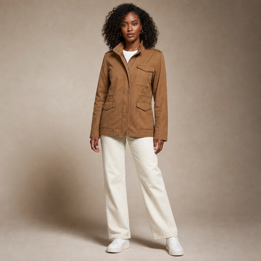 Utility Jacket with Waist Detail and Flap Pockets For Women in Brown – Mampierimoda Premium Womenswear
