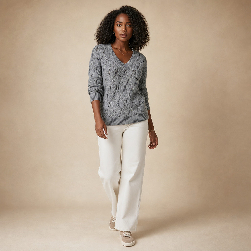 V-Neck Sweater For Women Grey – Side Angle View