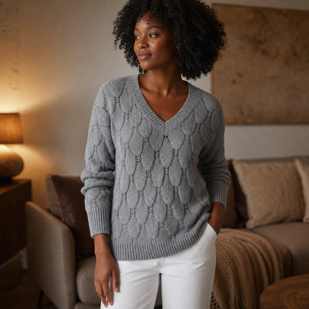 V-Neck Sweater For Women Grey – Styled Editorial Shot