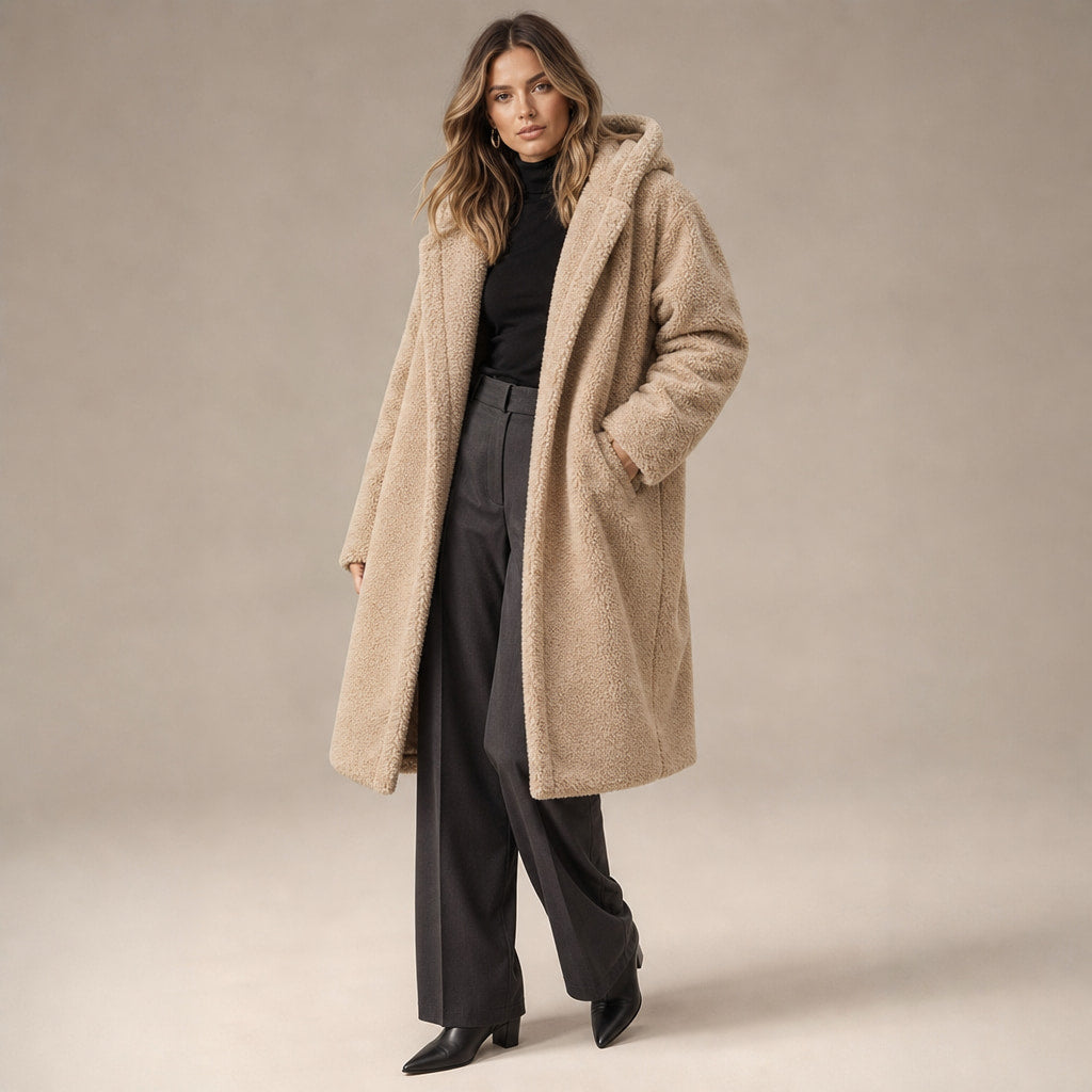 Warm Long Teddy Coat with Luxurious Fleece Lining For Women Beige – Side Angle View