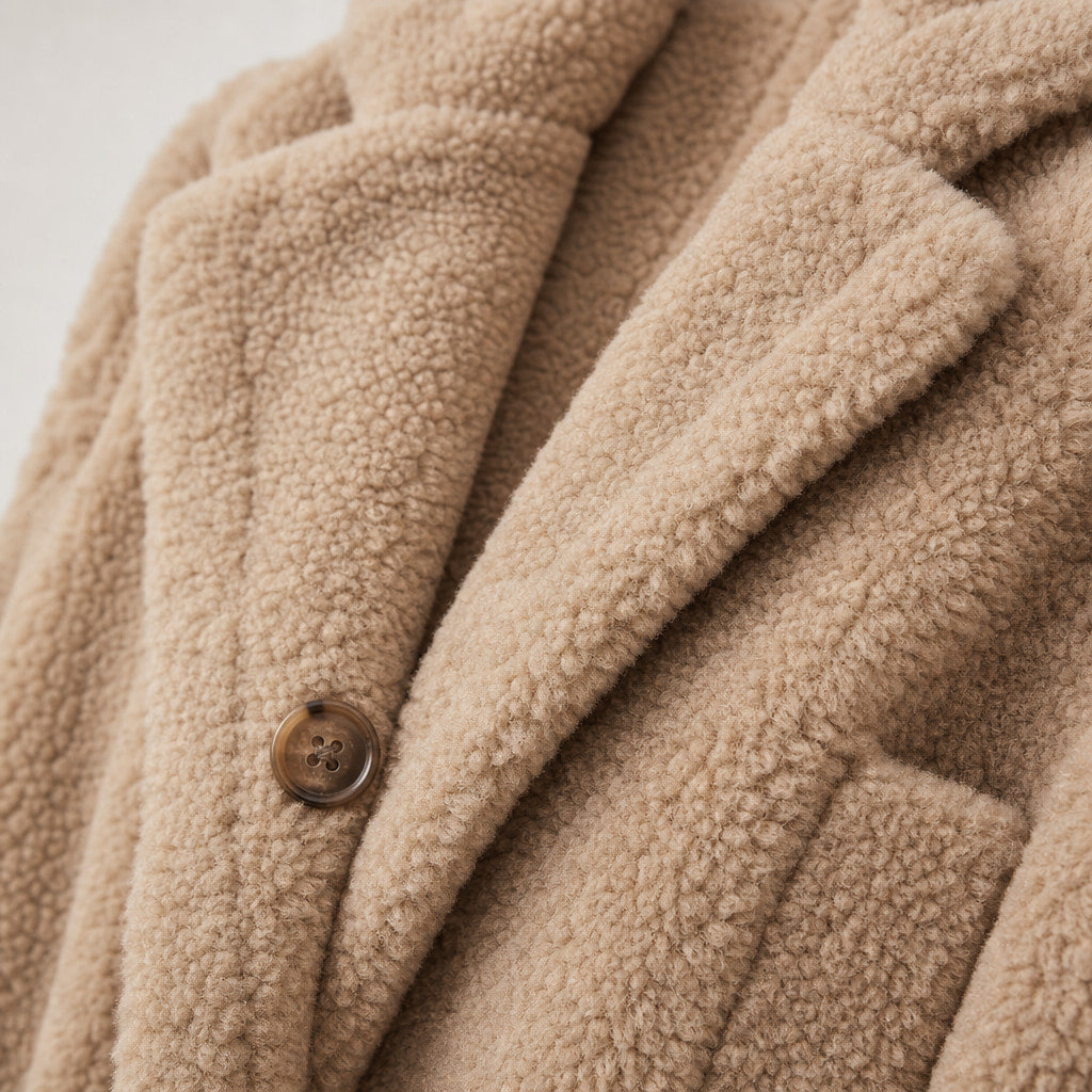 Warm Long Teddy Coat with Luxurious Fleece Lining For Women Beige – Fabric and Detail Close-Up