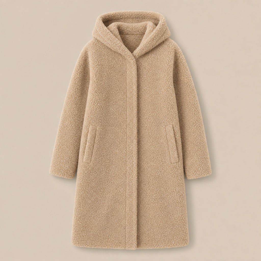 Warm Long Teddy Coat with Luxurious Fleece Lining For Women Beige – Flat Lay Product Photo