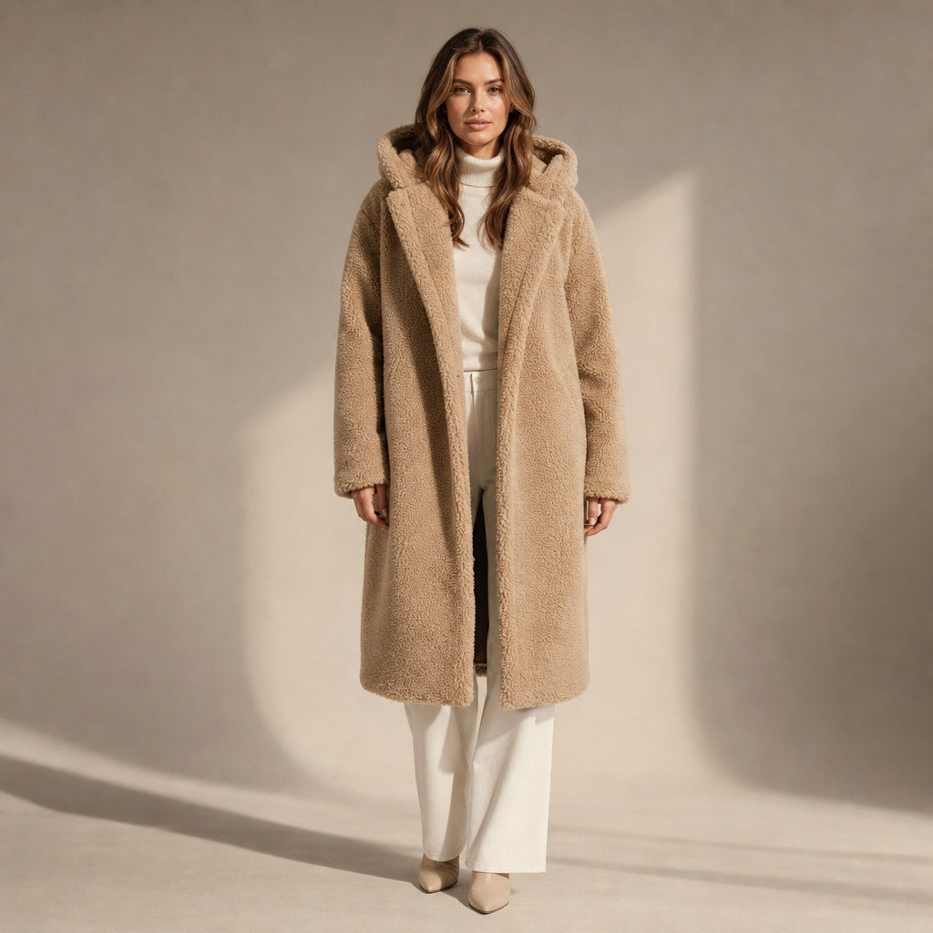 Warm Long Teddy Coat with Luxurious Fleece Lining For Women in Beige – Mampierimoda Premium Womenswear