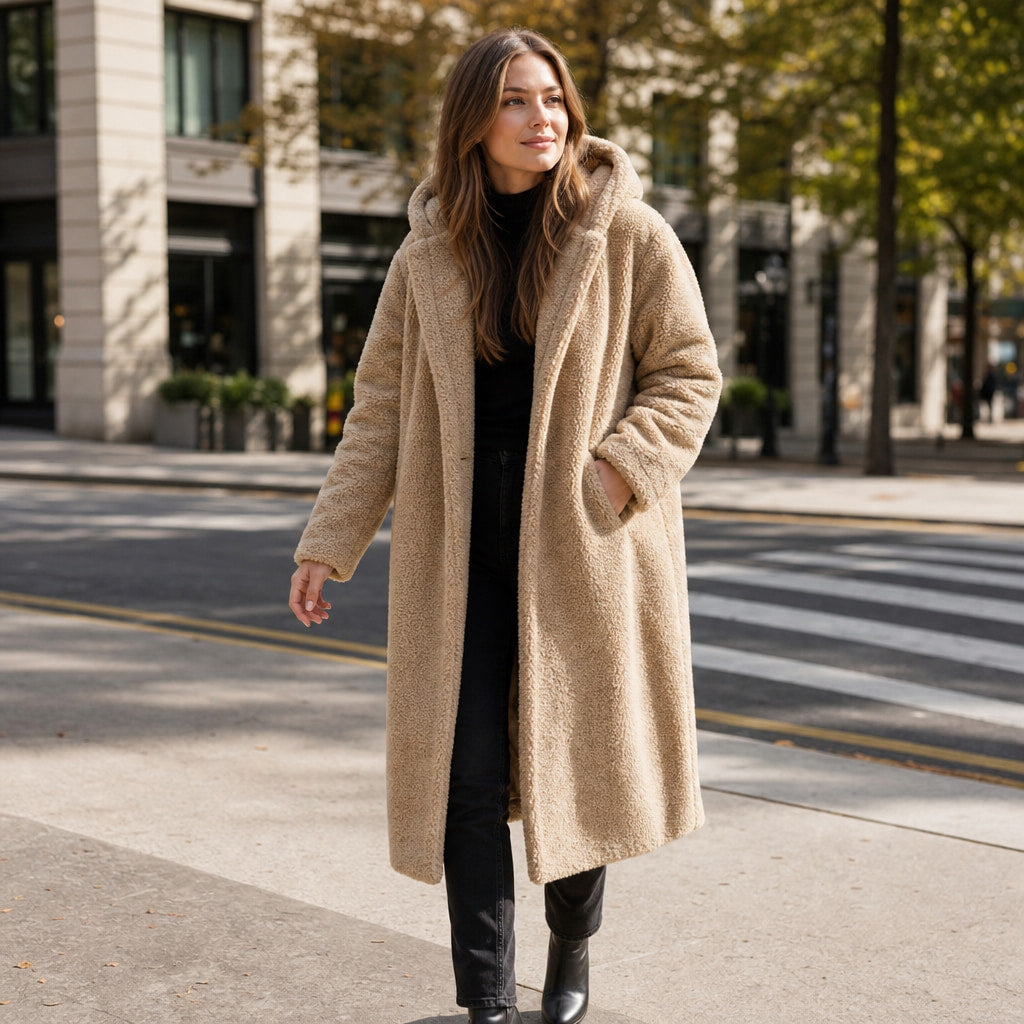 Warm Long Teddy Coat with Luxurious Fleece Lining For Women Beige – Styled Editorial Shot