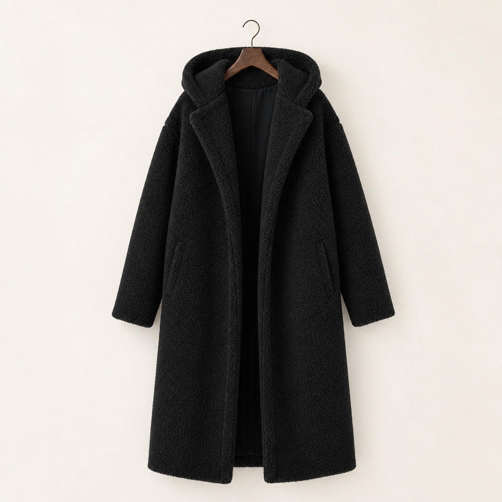 Warm Long Teddy Coat with Luxurious Fleece Lining For Women Black – Product Photo