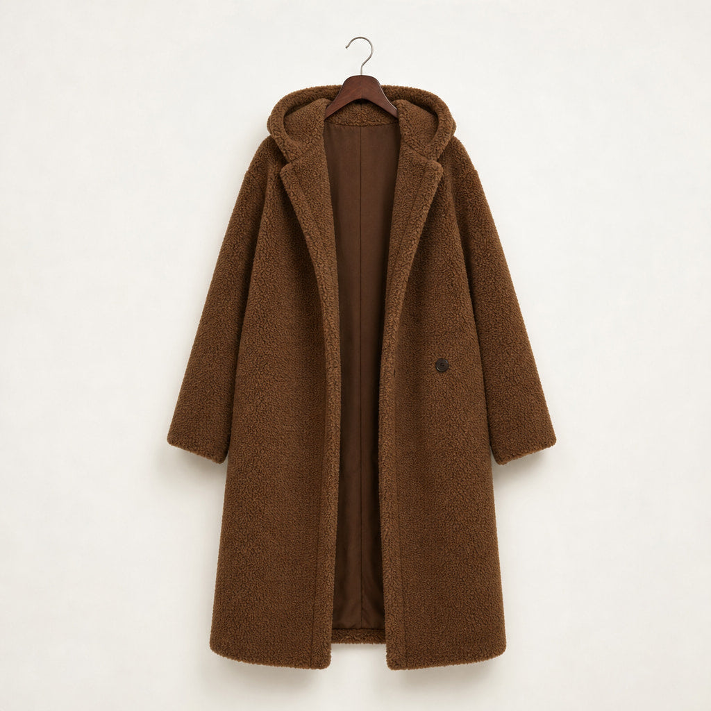 Warm Long Teddy Coat with Luxurious Fleece Lining For Women Brown – Product Photo