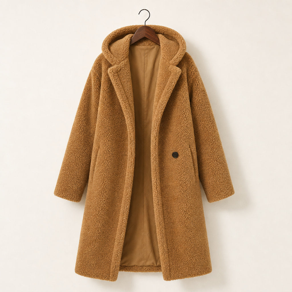 Warm Long Teddy Coat with Luxurious Fleece Lining For Women Camel – Product Photo