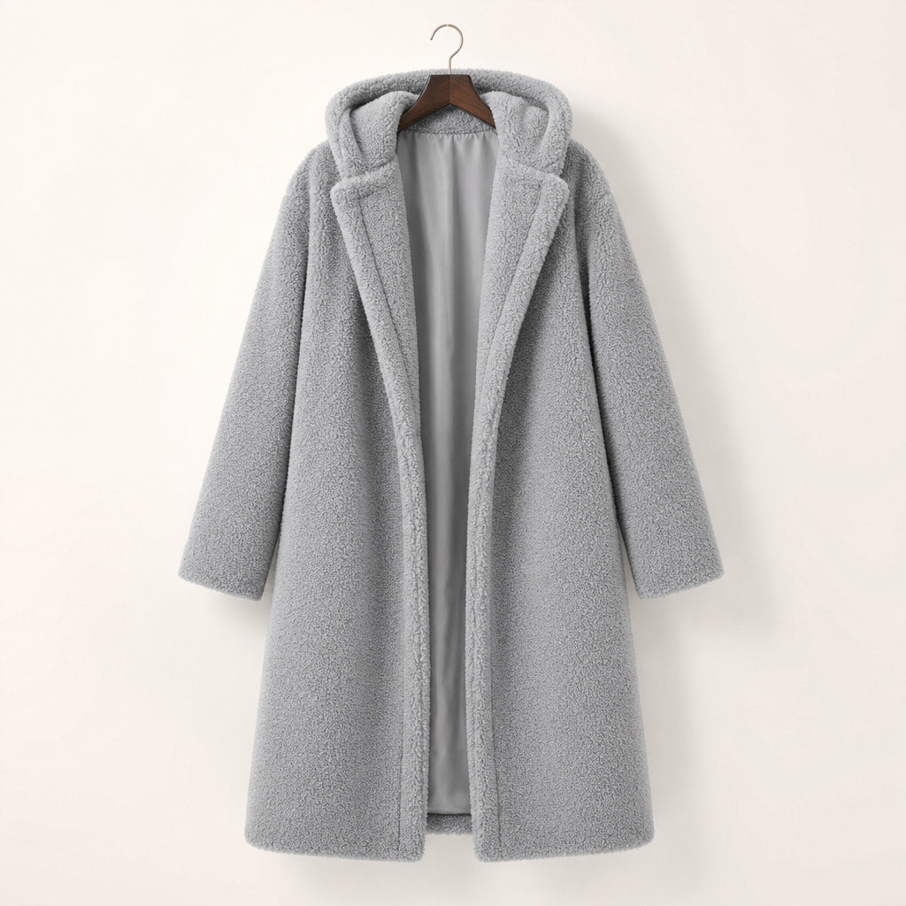 Warm Long Teddy Coat with Luxurious Fleece Lining For Women Grey – Product Photo