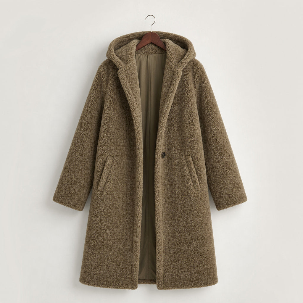 Warm Long Teddy Coat with Luxurious Fleece Lining For Women Khaki – Product Photo
