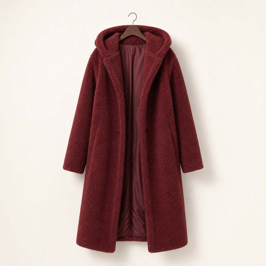 Warm Long Teddy Coat with Luxurious Fleece Lining For Women Red – Product Photo