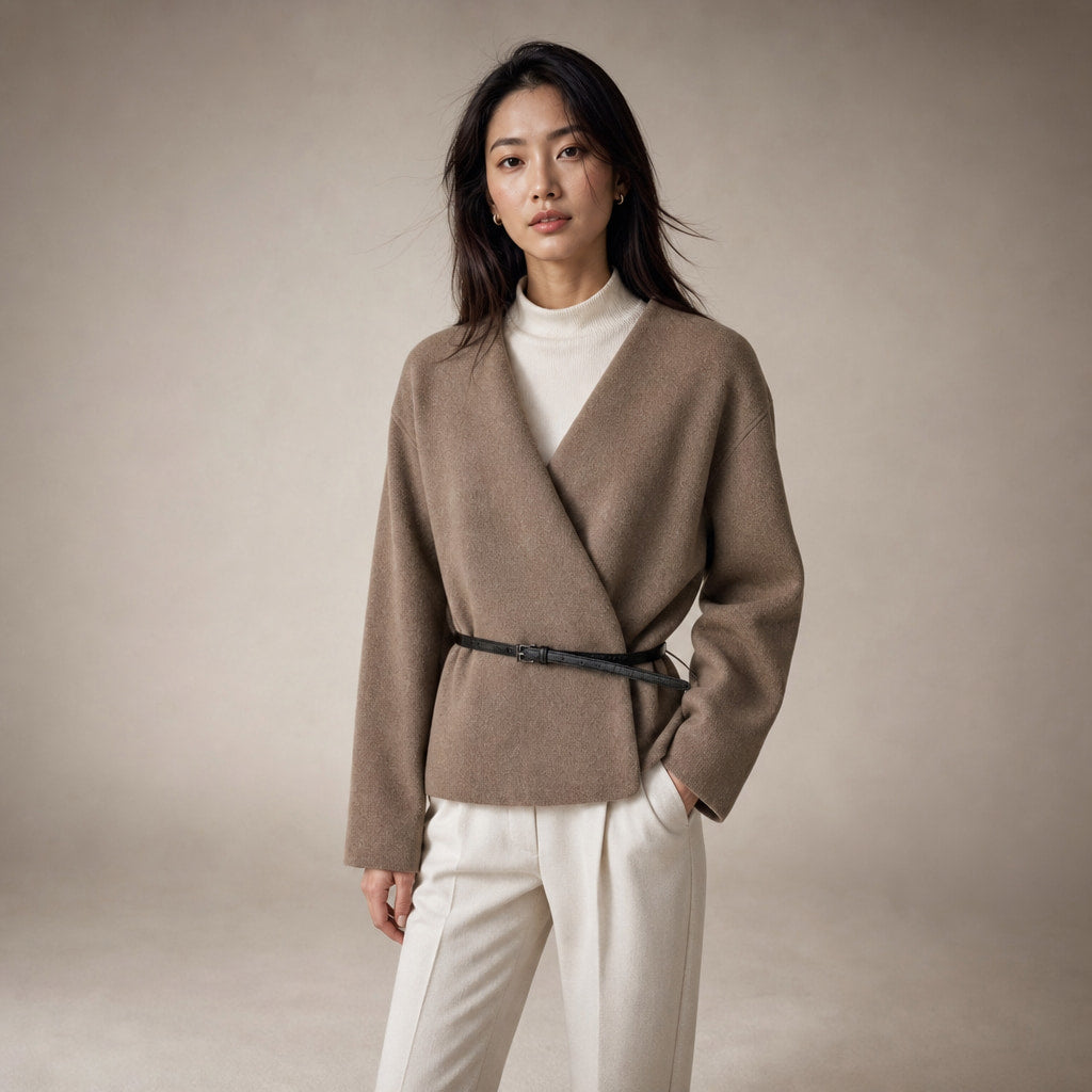 Elegant Belted Wrap Sweater for Women Khaki – Side Angle View