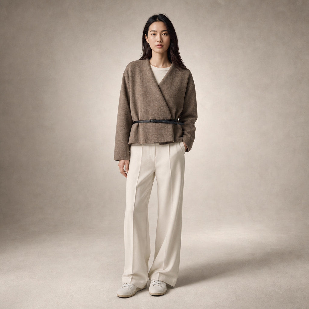 Elegant Belted Wrap Sweater for Women Khaki – Full Look