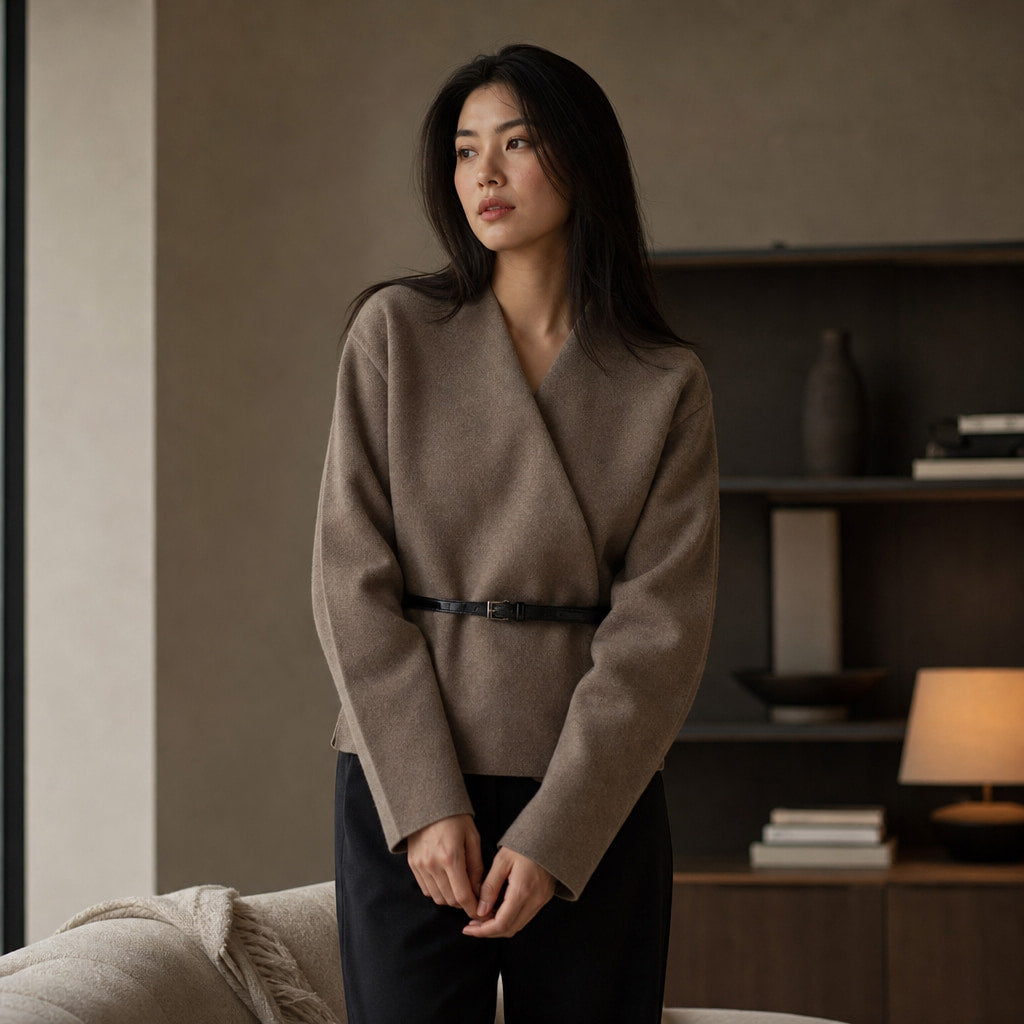 Elegant Belted Wrap Sweater for Women Khaki – Styled Editorial Shot