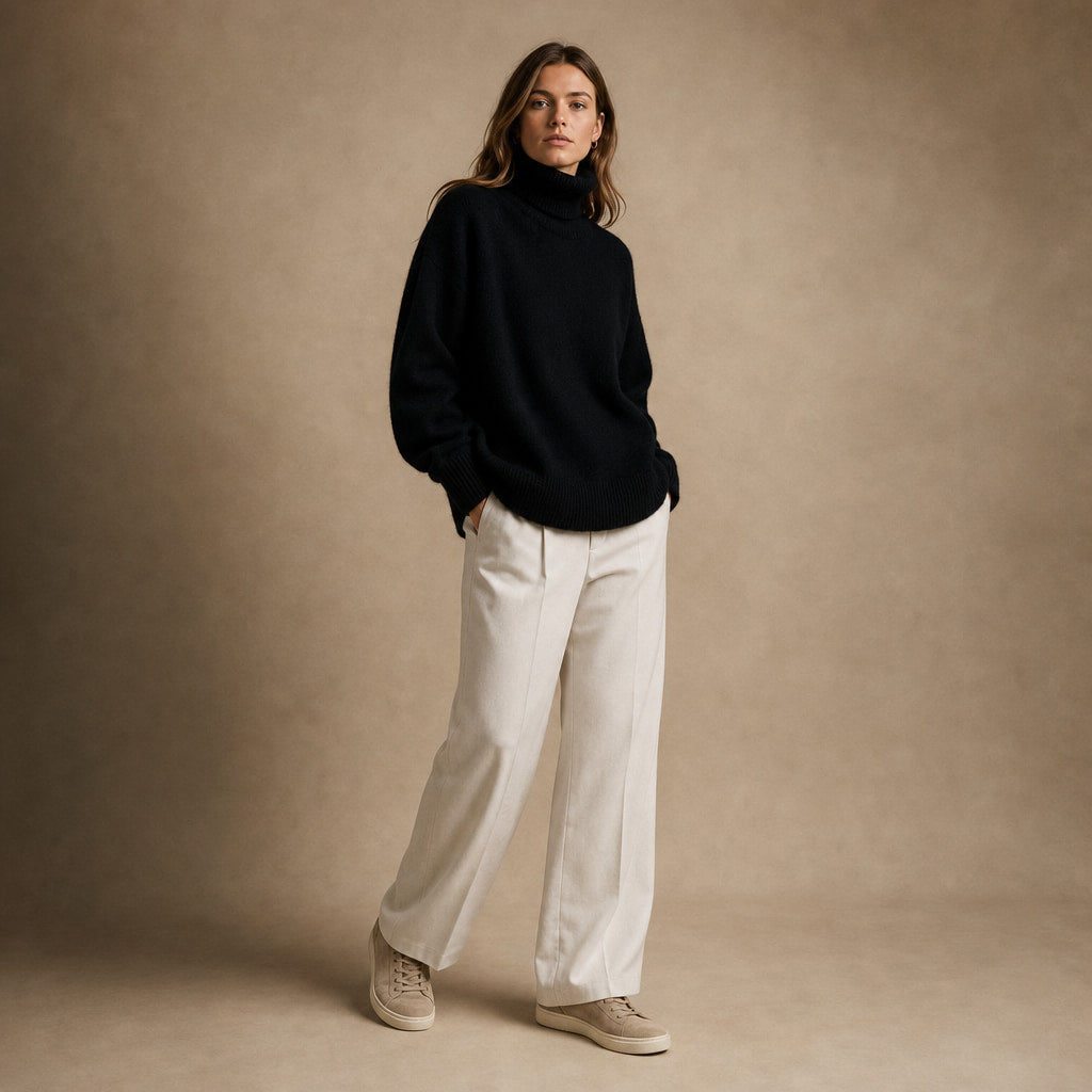 Elegant Cashmere Sweater for Women Black – Side Angle View