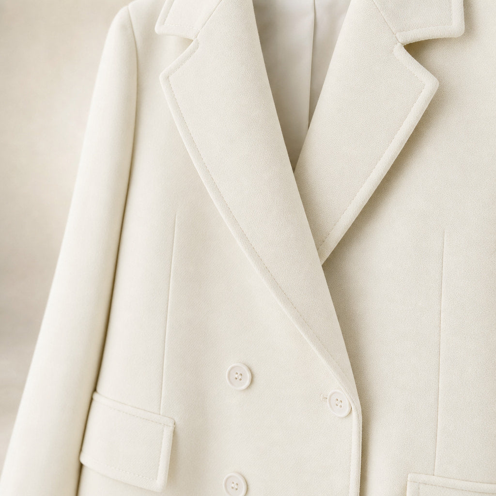 Elegant Double-Breasted Trench Coat for Women White – Fabric and Detail Close-Up