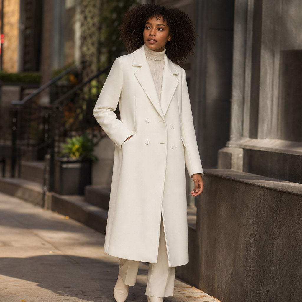 Elegant Double-Breasted Trench Coat for Women White – Styled Editorial Shot