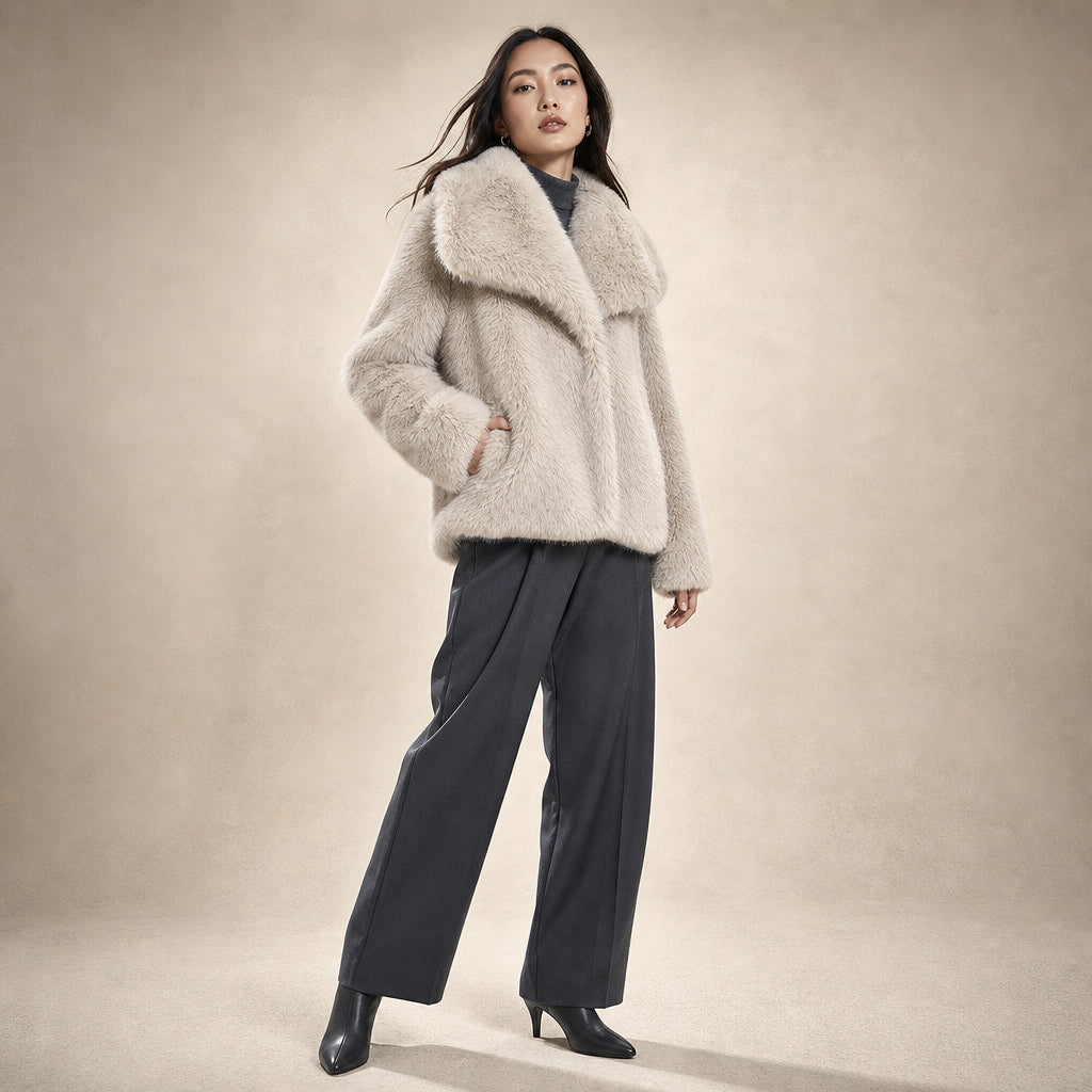 Elegant Luxurious Women's Winter Jacket with Faux Fur Vanilla – Side Angle View