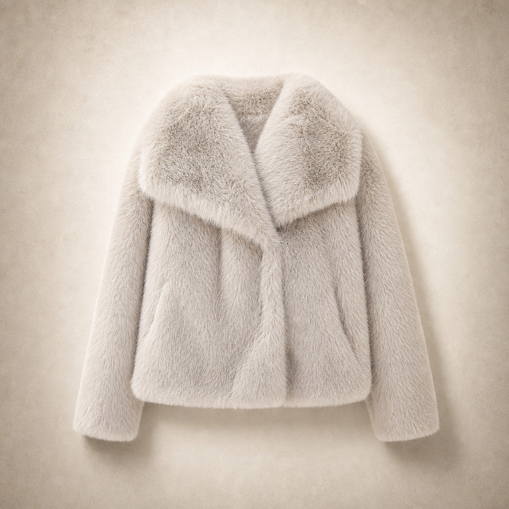 Elegant Luxurious Women's Winter Jacket with Faux Fur Vanilla – Flat Lay Product Photo