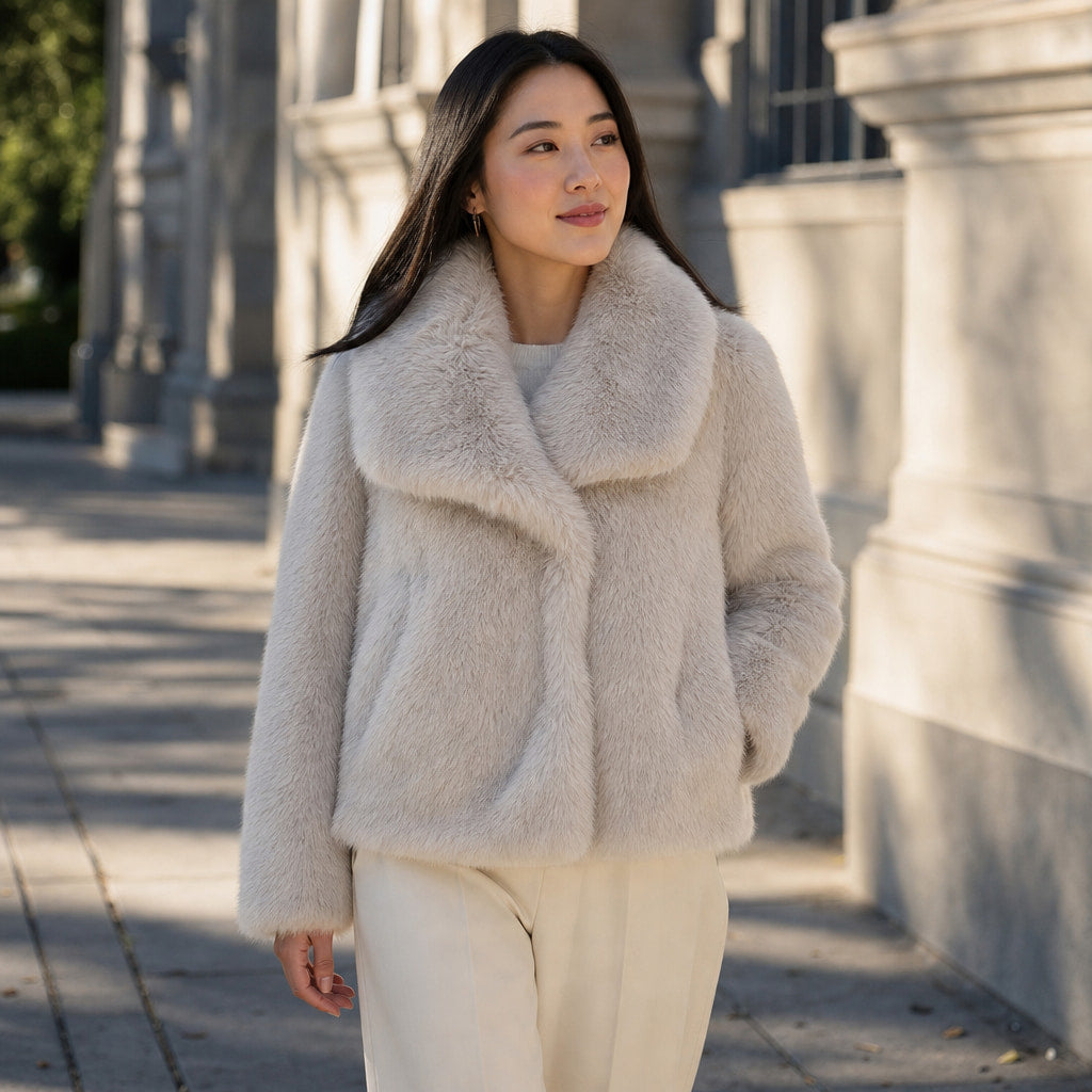 Elegant Luxurious Women's Winter Jacket with Faux Fur Vanilla – Styled Editorial Shot