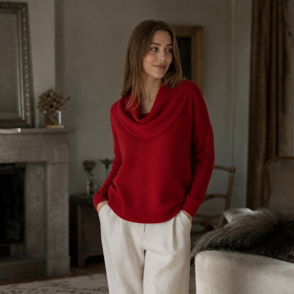 Elegant Turtleneck Sweater for Women Red – Styled Editorial Shot