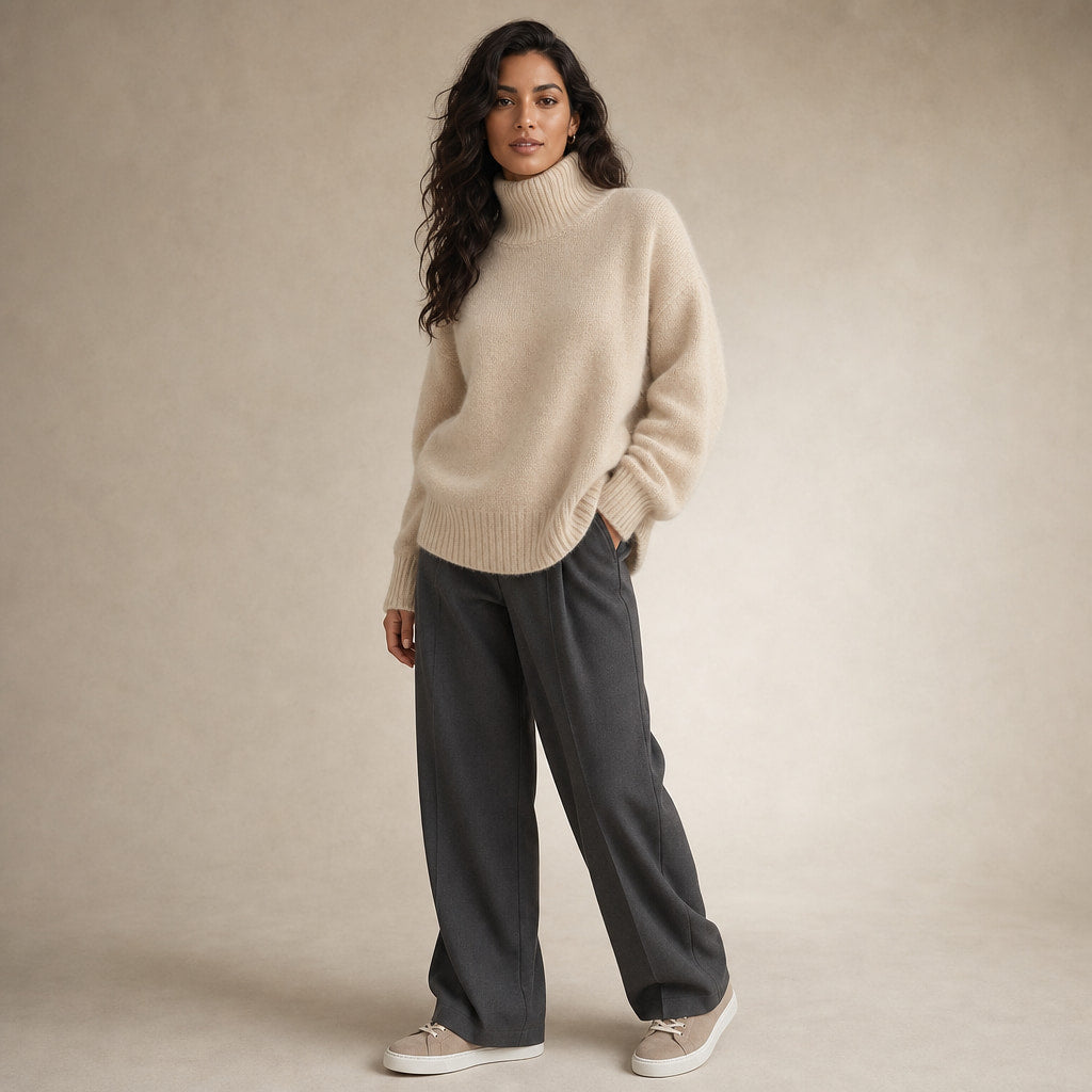 Elegant Women's Cashmere Turtleneck Sweater with High Collar Beige – Side Angle View
