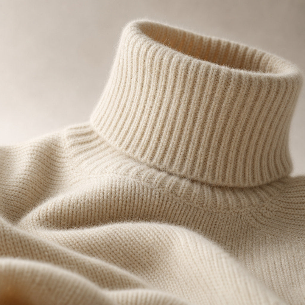 Elegant Women's Cashmere Turtleneck Sweater with High Collar Beige – Fabric and Detail Close-Up