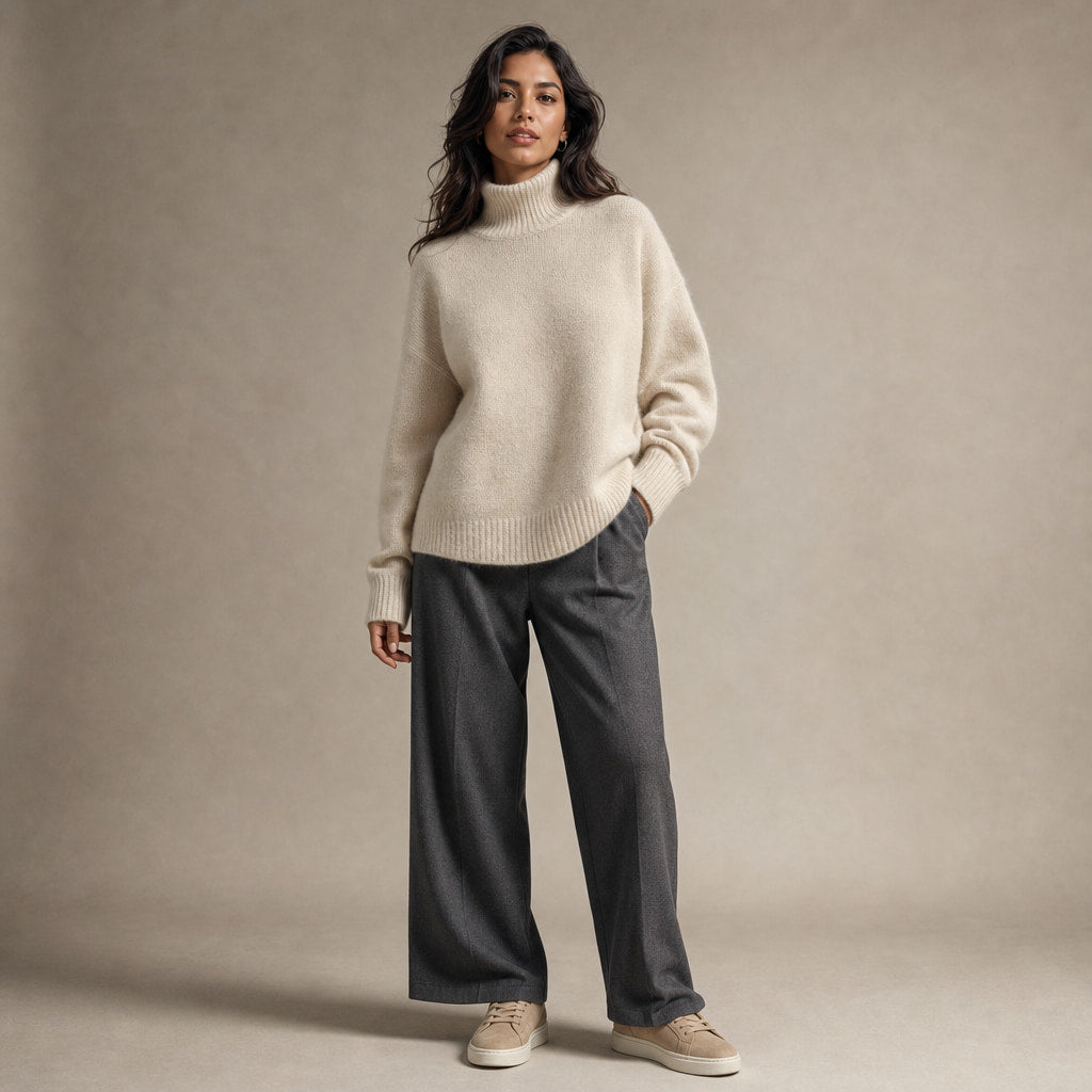 Elegant Women's Cashmere Turtleneck Sweater with High Collar Beige – Full Look