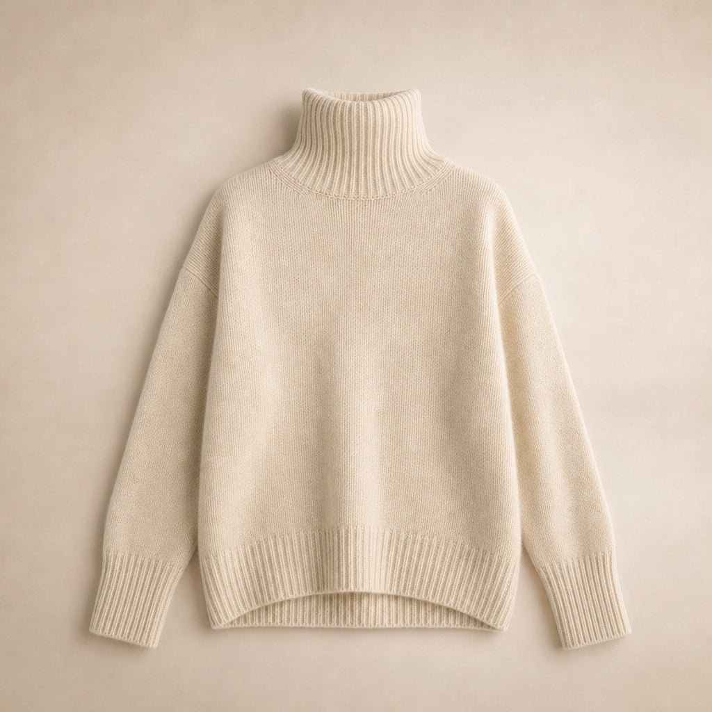 Elegant Women's Cashmere Turtleneck Sweater with High Collar Beige – Product Photo