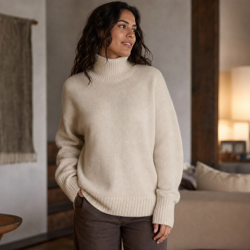 Elegant Women's Cashmere Turtleneck Sweater with High Collar Beige – Styled Editorial Shot