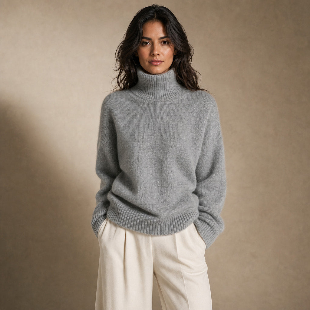 Elegant Women's Cashmere Turtleneck Sweater with High Collar in Gray – Mampierimoda Premium Womenswear