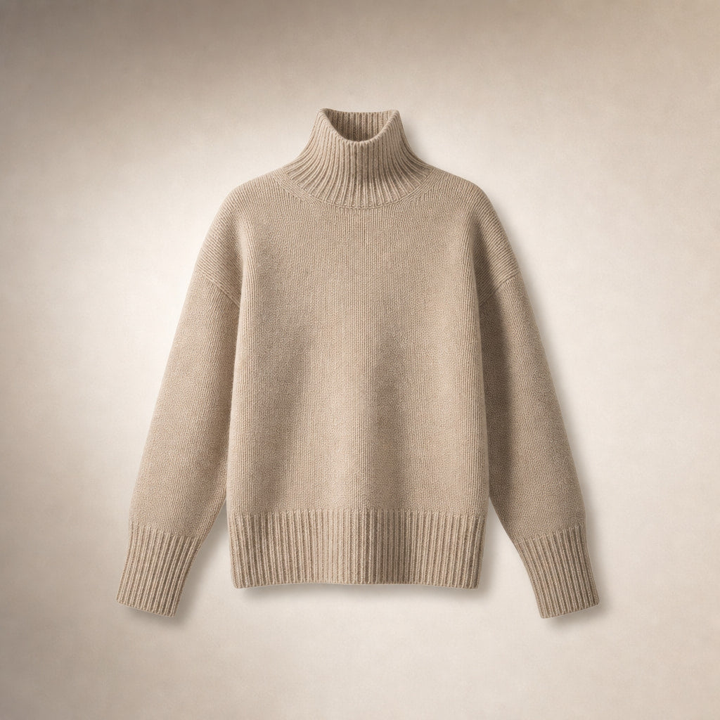 Elegant Women's Cashmere Turtleneck Sweater with High Collar Khaki – Product Photo