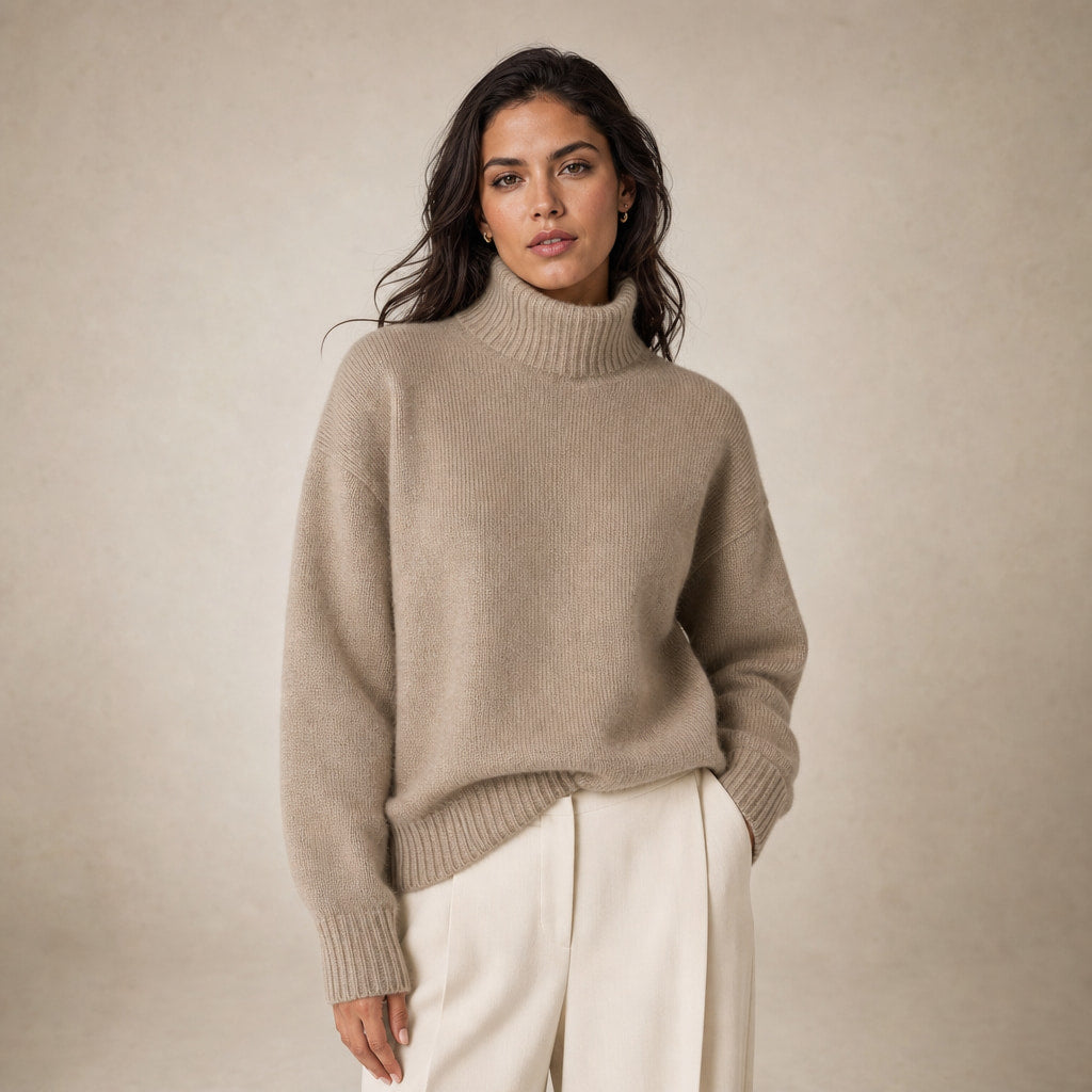 Elegant Women's Cashmere Turtleneck Sweater with High Collar in Khaki – Mampierimoda Premium Womenswear