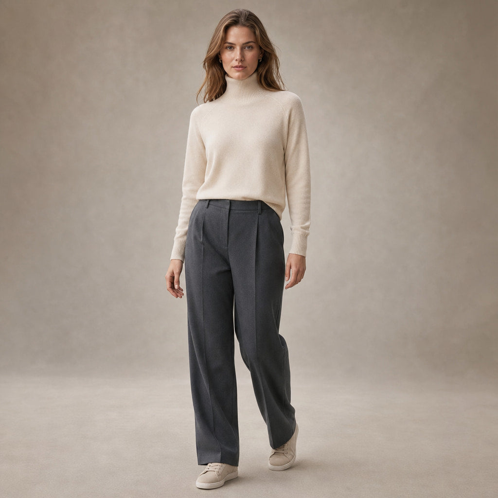 Elegant Women's Merino Cashmere Turtleneck Sweater Beige – Side Angle View