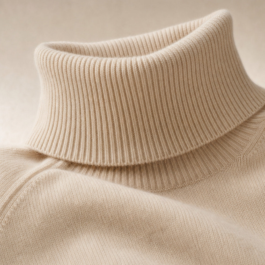 Elegant Women's Merino Cashmere Turtleneck Sweater Beige – Fabric and Detail Close-Up