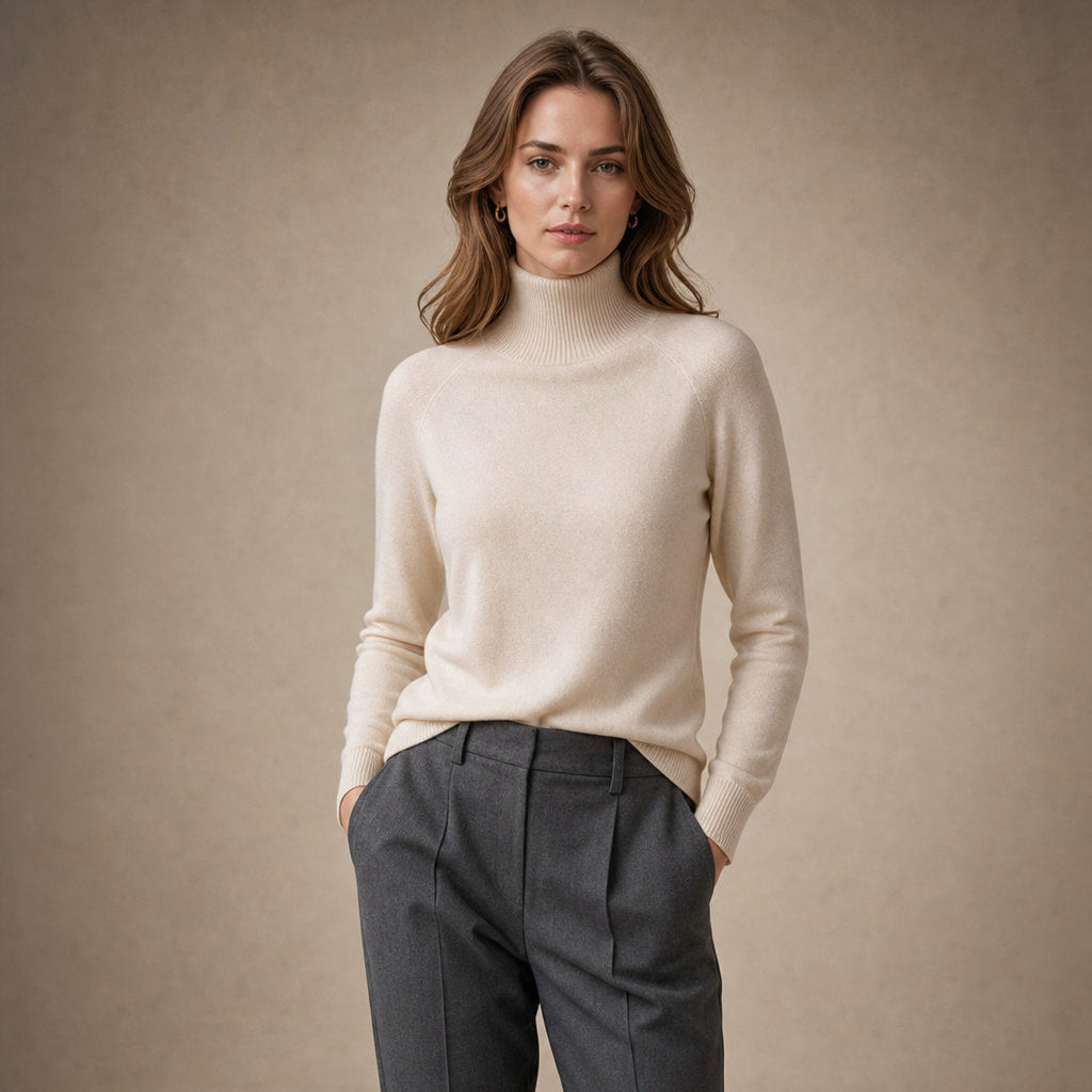 Elegant Women's Merino Cashmere Turtleneck Sweater in Beige – Mampierimoda Premium Womenswear