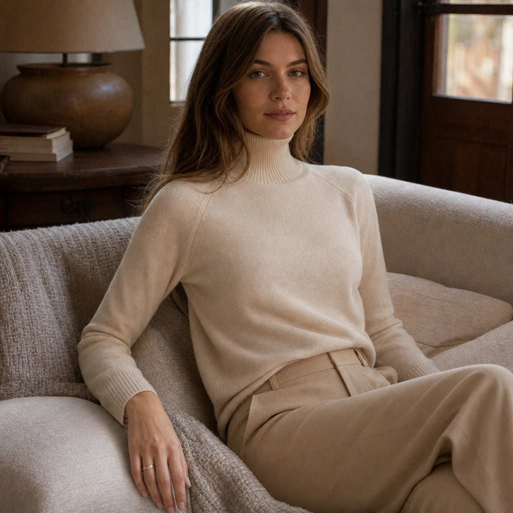 Elegant Women's Merino Cashmere Turtleneck Sweater Beige – Styled Editorial Shot