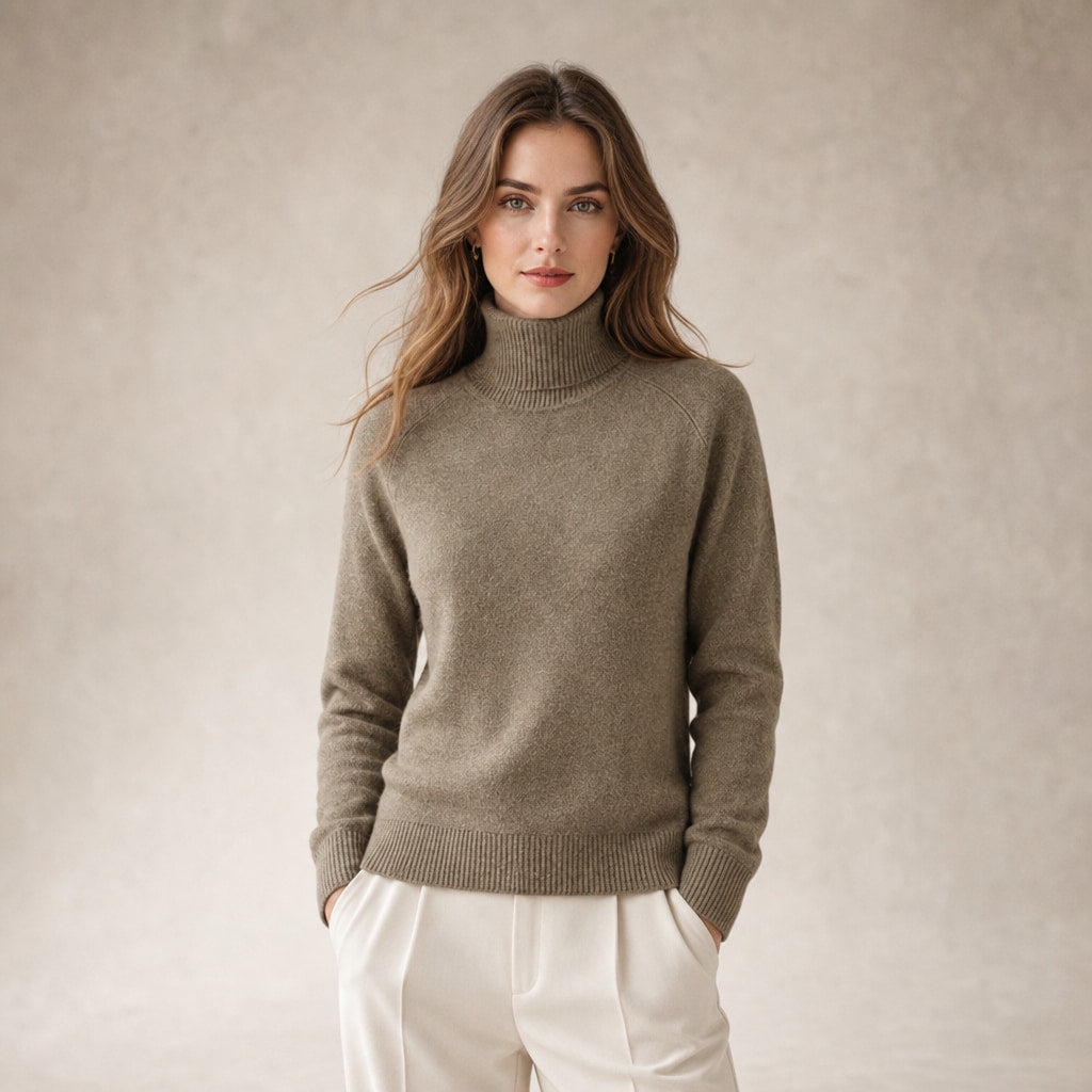 Elegant Women's Merino Cashmere Turtleneck Sweater in Dark Beige – Mampierimoda Premium Womenswear