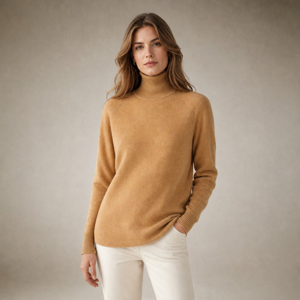 Elegant Women's Merino Cashmere Turtleneck Sweater in Light Brown – Mampierimoda Premium Womenswear