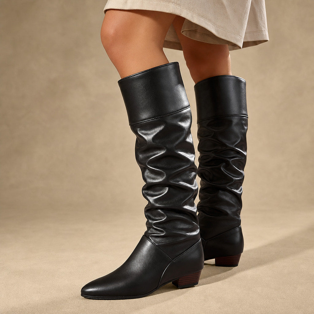 Sophistication And Comfortable Slouchy Pointed High Boots Black – Product Photo