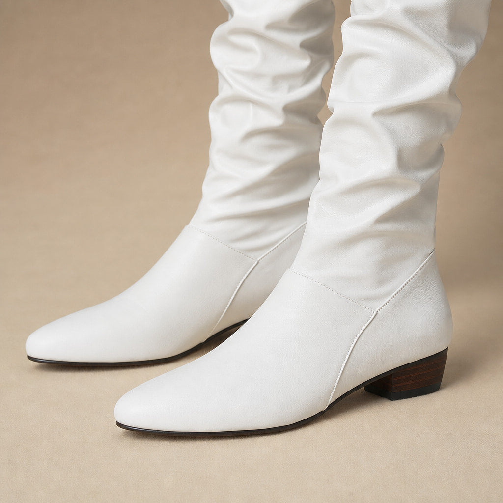 Sophistication And Comfortable Slouchy Pointed High Boots White – Fabric and Detail Close-Up