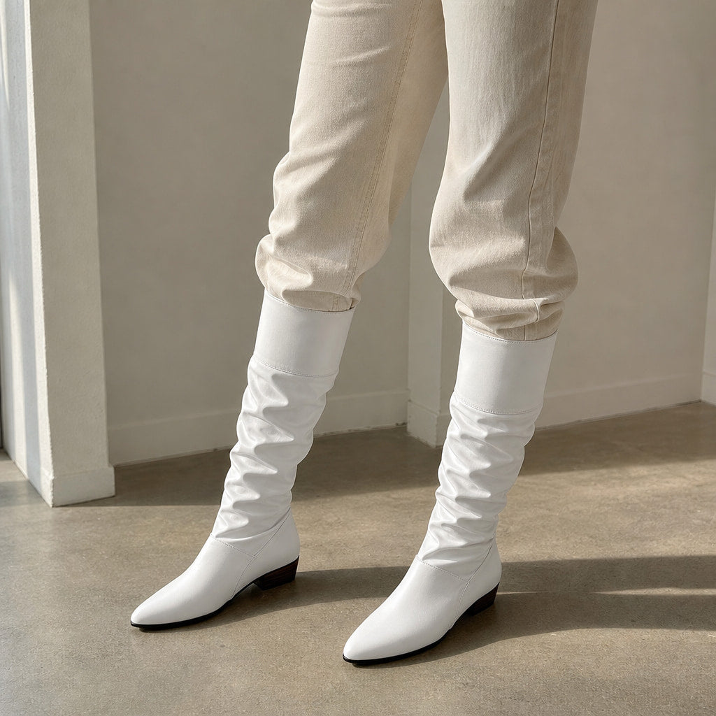 Sophistication And Comfortable Slouchy Pointed High Boots White – Styled Editorial Shot, Detail