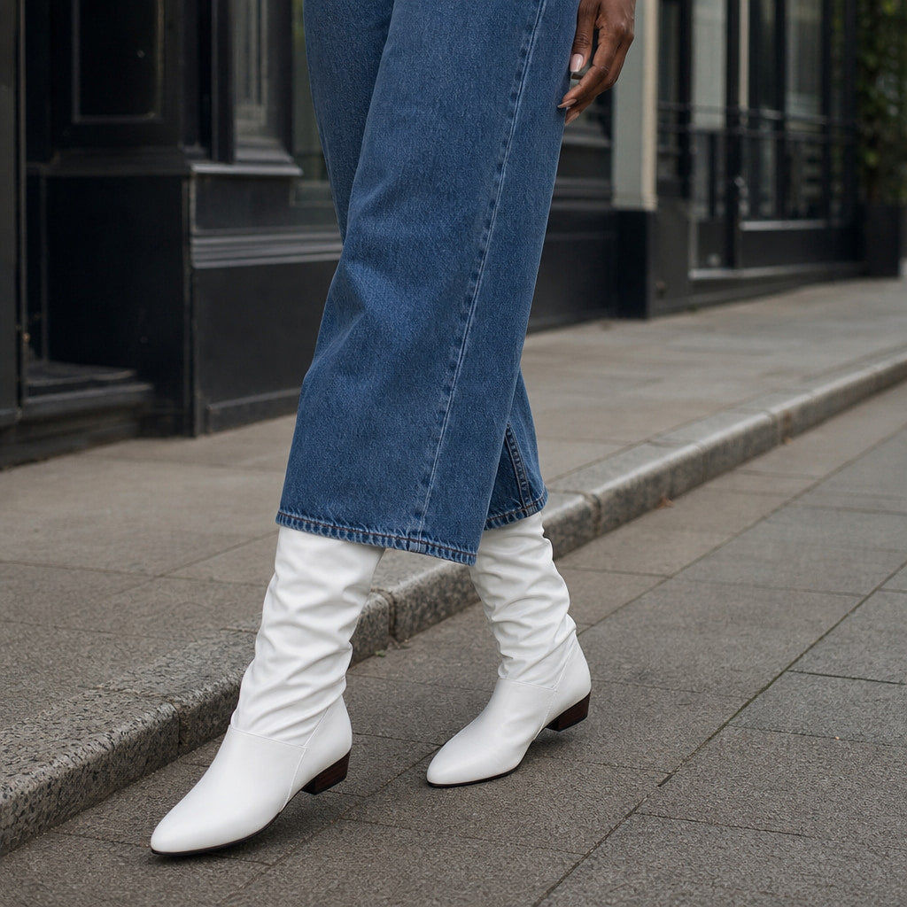 Sophistication And Comfortable Slouchy Pointed High Boots White – Styled Editorial Shot