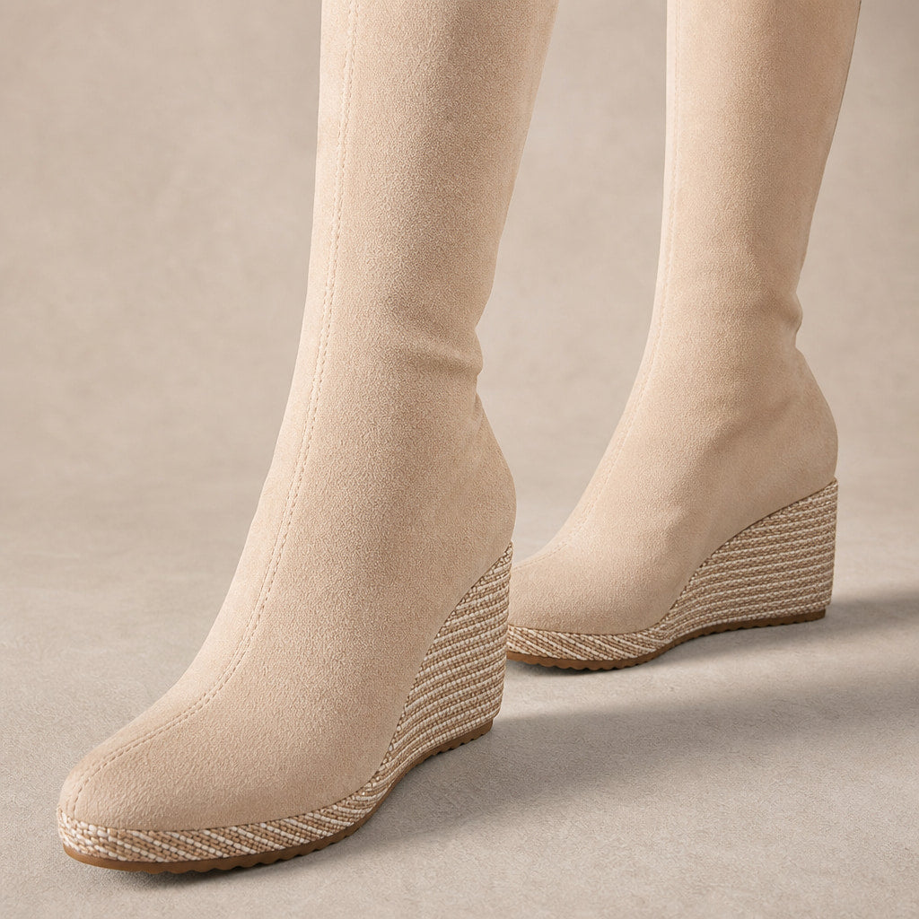 Chic And Comfortable Stretch Over The Knee High Boots Beige – Fabric and Detail Close-Up