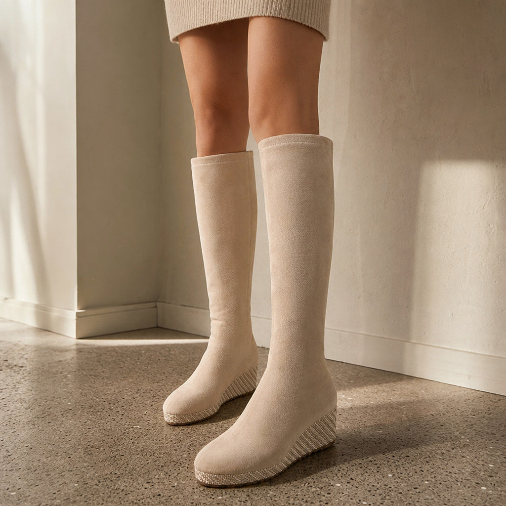 Chic And Comfortable Stretch Over The Knee High Boots Beige – Styled Editorial Shot, Detail