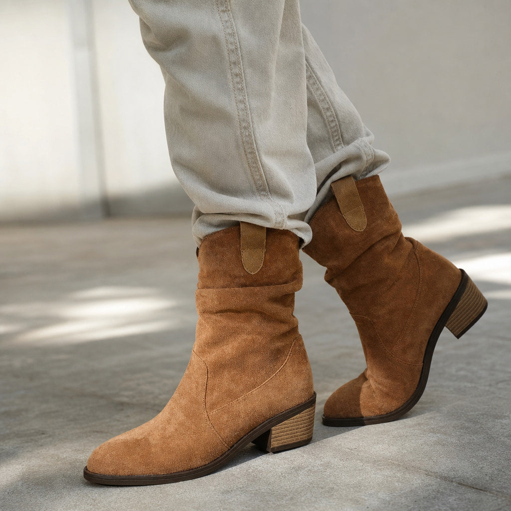 Chic And Comfortable Mid-Calf Boots Brown – Styled Editorial Shot, Detail