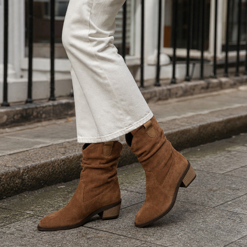 Chic And Comfortable Mid-Calf Boots Brown – Styled Editorial Shot