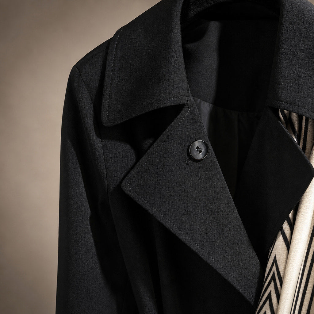 Evelyn Couture Transitional Coat Midnight Black – Fabric and Detail Close-Up