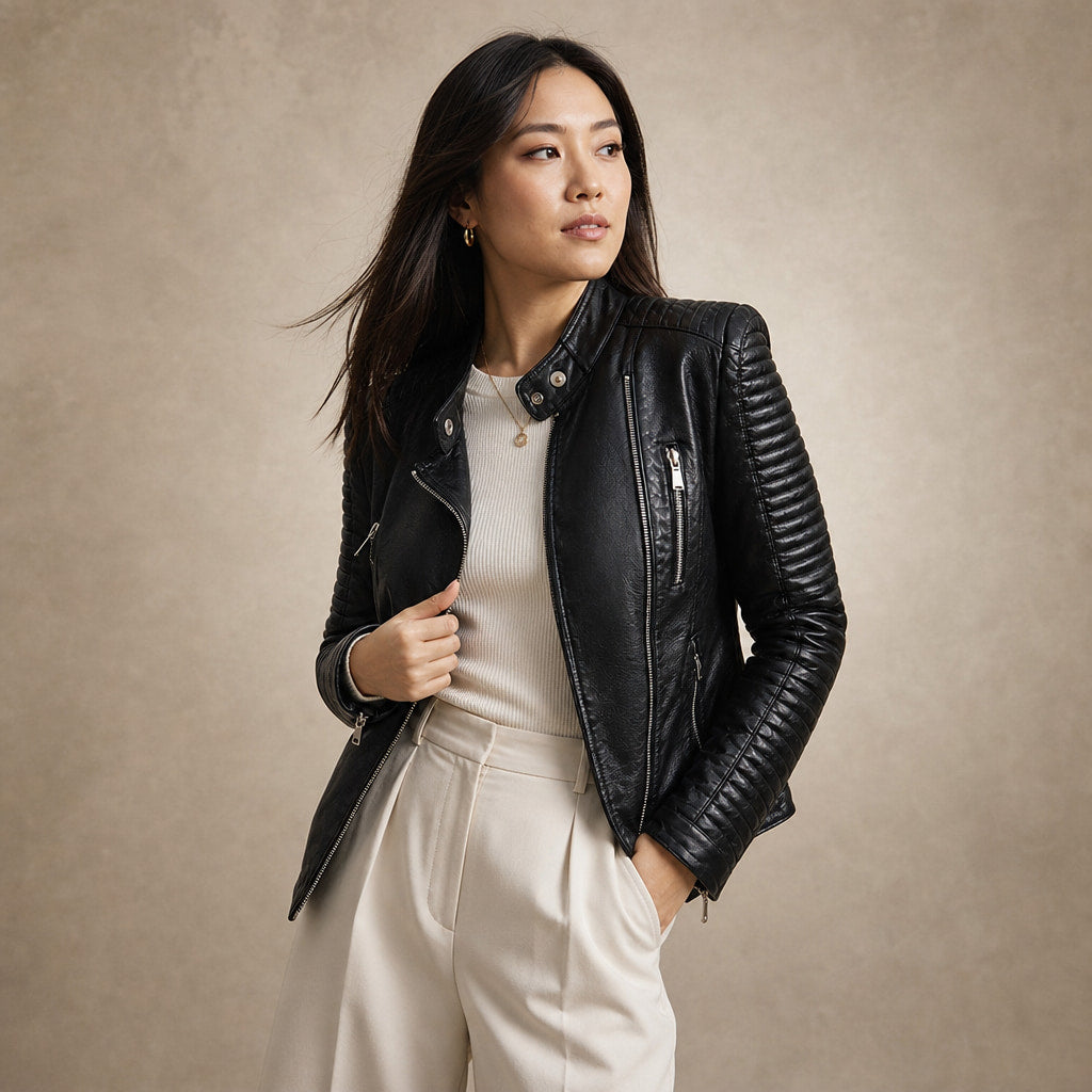 Faux Leather Biker Jacket with Zip Details for Women Black – Side Angle View