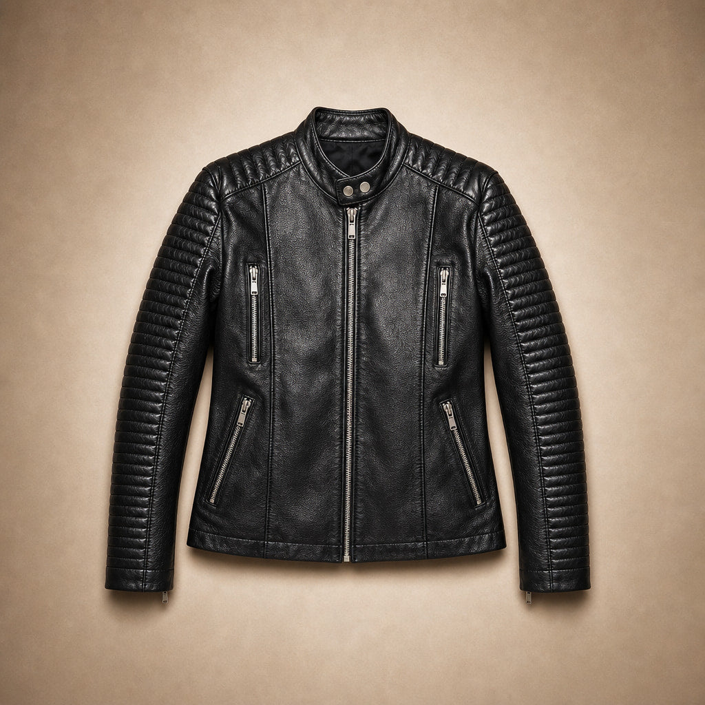 Faux Leather Biker Jacket with Zip Details for Women Black – Flat Lay Product Photo