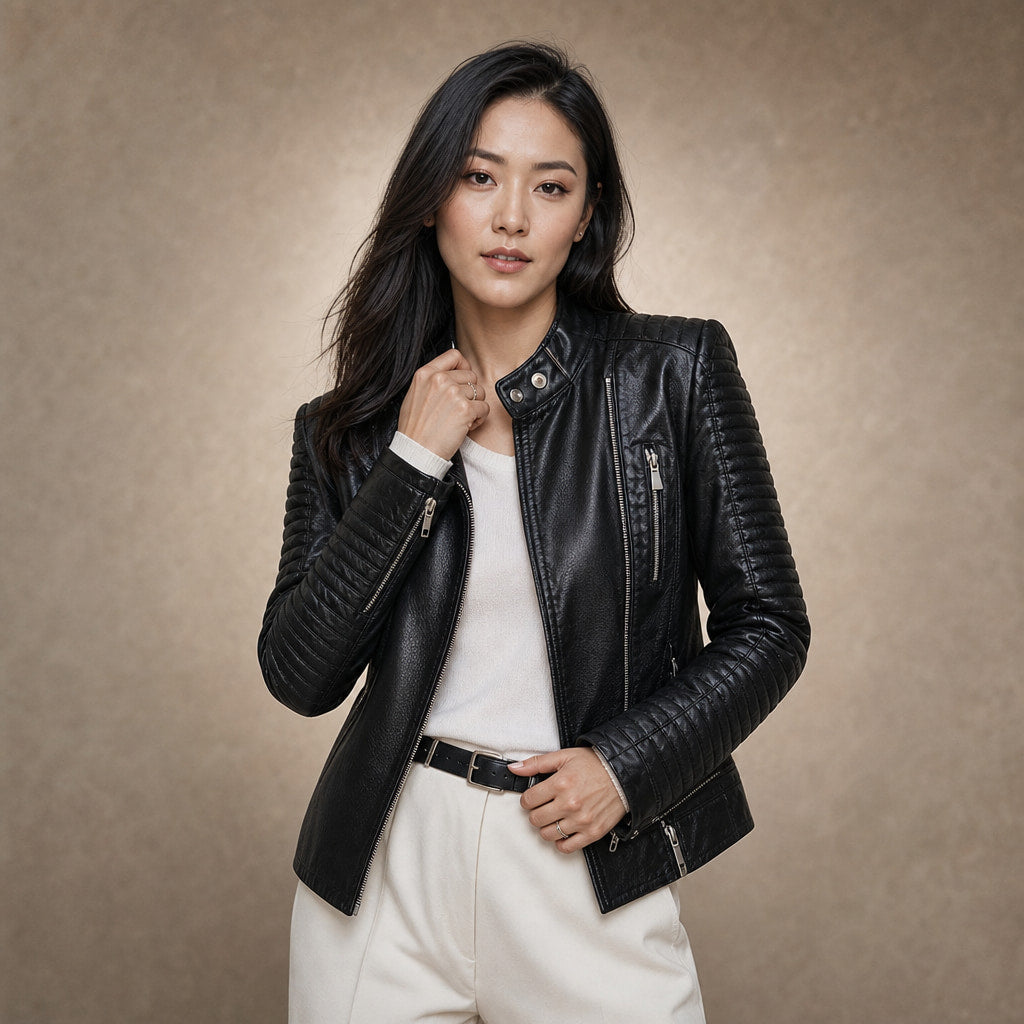 Faux Leather Biker Jacket with Zip Details for Women Black – Product Photo